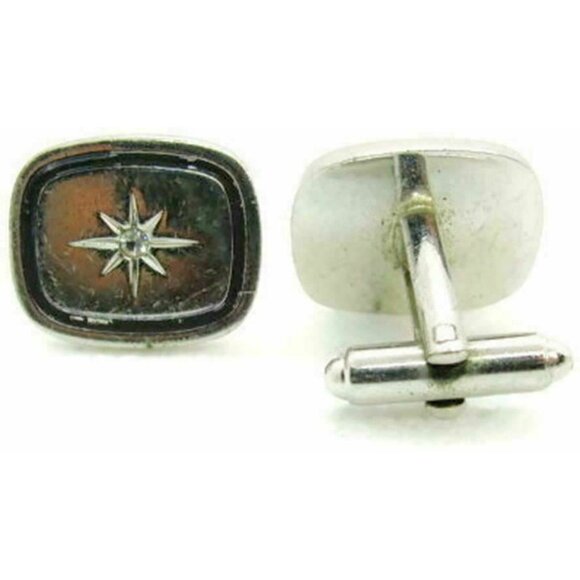 Men Vintage Cufflinks Rectangle Black Enamel Star Center Bullet Silver To - Picture 6 of 12